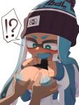 !? 1boy 1girl 1girls big_breasts black_shirt blue_hair blue_nipples bobblehat breasts coat dark-skinned_female dark_skin green_eyes groping half-closed_eyes inkling inkling_girl lifting_shirt male nipples open_coat open_mouth organ_rn shocked skylar_(splashv) speech_bubble splatoon squeezing_breasts
