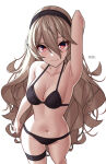1girl absurd_res alluring artist_name bikini black_bikini black_hairband blush cleavage collarbone corrin_(fire_emblem) corrin_(fire_emblem)_(female) fire_emblem fire_emblem_fates fire_emblem_warriors grey_hair hair_between_eyes hairband high_res intelligent_systems long_hair looking_at_viewer medium_breasts navel nintendo pointy_ears red_eyes simple_background swimsuit thighs white_background x_xith_x