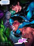 3boys animal_genitalia animal_penis balls bara batman_(series) beast_boy big_penis bottomless bottomless_male closed_eyes clothing cum cum_in_mouth damian_wayne dc dick_grayson equine_genitalia equine_penis garfield_logan green_body green_skin huge_cock human justthemeat/meat2go male male_focus male_only muscular muscular_male nightwing nude nude_male oral oral_sex penis penis_in_mouth robin rough_oral sucking sucking_penis sweat sweatdrop sweating teen_titans tongue tongue_out trio veiny_penis yaoi