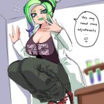 1girl 1girl 1girl beanie big_breasts breasts cleavage green_eyes green_hair labcoat mev_(mevlingo) nintendo norishiitsu pants shirt short_hair sneakers splatoon tentacle_hair two_tone_hair