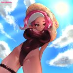1girl 1girls agent_8_(octo_expansion) agent_8_(splatoon) artist_name big_breasts breasts cleavage cloud clouds cloudy_sky dark-skinned_female dark_skin female_focus hat looking_at_viewer looking_down looking_down_at_viewer nintendo norishiitsu octoling octoling_girl orange_hair pink_hair short_hair sky solo_female solo_focus splatoon splatoon_2 splatoon_2:_octo_expansion sweat swimsuit tentacle_hair thick_thighs twitter_link