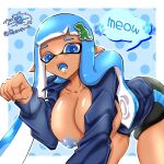 1girl big_breasts black_shorts blue_eyes blue_hair breasts cleavage gbeimtama jules_(carranza) long_hair looking_at_viewer nintendo nipples no_bra pointy_ears shorts splatoon splatoon_(series) tentacle_hair thick_thighs thighs