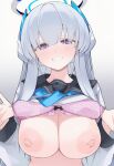 1girl ai_generated big_breasts blue_archive blush bra breasts breasts_out halo looking_at_viewer nipples noa_(blue_archive) presenting presenting_breasts smile ud31665690