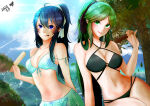 2_girls absurd_res alluring bikini black_bikini blue_eyes blue_hair blue_sky cleavage cloud cloudy_sky crossover eva02asuka0608 fire_emblem fire_emblem_awakening fire_emblem_warriors food green_eyes green_hair high_res intelligent_systems kid_icarus licking_lips long_hair looking_at_viewer lucina lucina_(fire_emblem) multiple_girls navel nintendo palutena popsicle sky smile sunlight super_smash_bros. swimsuit thick_thighs thighs tongue tongue_out tree