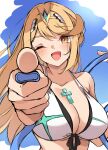 1girl ;d absurd_res adapted_costume big_breasts bikini blue_sky blush chest_jewel cleavage collarbone commentary core_crystal_(xenoblade) gem green_gemstone high_res holding holding_hose hose long_hair looking_at_viewer mikan_(mika_n95) mythra_(xenoblade) one_eye_closed open_mouth sky smile swimsuit symbol-only_commentary tiara upper_body white_bikini xenoblade_(series) xenoblade_chronicles_2 yellow_eyes