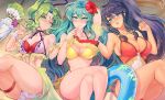 3_girls alternate_costume aqua_eyes aqua_hair artist_logo beach beach_towel bedroom_eyes big_breasts bikini black_hair blue_eyes blue_hair blush blush breasts cleavage crossed_legs dark-skinned_female dark_skin eirika_(fire_emblem) fire_emblem fire_emblem:_the_sacred_stones fire_emblem_heroes flower flower_in_hair flower_on_head green_eyes green_hair high_ponytail high_res huge_breasts l'arachel_(fire_emblem) looking_at_viewer lying medium_breasts multiple_girls nintendo official_alternate_costume on_back one-piece_swimsuit parasol pink_swimsuit red_bikini red_flower revolverwingstudios smile swim_ring swimsuit take_your_pick tan tana_(fire_emblem) thick_thighs umbrella white_bikini white_swimsuit yellow_bikini yellow_swimsuit