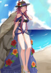 1girl 1girl absurd_res alluring bare_shoulders beach big_breasts black_hat blue_one-piece_bikini casual_one-piece_bikini cleavage clothing_cutout dress_swimsuit female_focus fire_emblem fire_emblem_engage fire_emblem_heroes flower flower_hat hanzoku hat high_res intelligent_systems ivy_(fire_emblem) ivy_(summer)_(fire_emblem) legs long_hair long_legs looking_at_viewer matching_hair/eyes mole mole_under_mouth navel nintendo ocean official_alternate_costume one-piece_bikini purple_eyes purple_hair sandals see-through_clothes see-through_headwear smile stomach stomach_cutout swimsuit toes