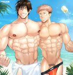 2boys 7angelm abs bara bare_pectorals erection itadori_yuuji jujutsu_kaisen male male_focus male_only muscle muscular muscular_male nipples nude toji_fushiguro yaoi yaoi