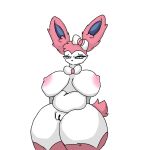 1girl 1girls anthro anthro_pokemon big_ass big_breasts blue_eyes bubble_butt chubby chubby_female colored fat_ass furry looking_at_viewer low_res lowres naked_female nude nude nude_female pink_hair pink_nipples pokemon pokemon_(species) standing sylveon sylveon_(pokemon) white_background white_fur white_pupils white_skin