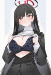 1girl ai_generated big_breasts black_hair blue_archive blush bra breasts halo long_hair looking_at_viewer presenting presenting_breasts red_eyes revealing revealing_breasts rio_tsukatsuki_(blue_archive) sweat sweatdrop ud31665690