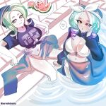 1girl 2_girls big_breasts bikini breasts cleavage curly_hair green_hair mev_(mevlingo) navel nintendo norishiitsu octoling octoling_girl one_eye_closed original_character para_(voidedparadigm) shirt_tied_up short_hair splatoon splatoon_3 tentacle_hair thighs two_tone_hair water wink