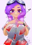 1girl 1girl 1girl big_breasts breasts button_gap curly_hair goggles goggles_on_head looking_at_viewer miiinatochanowo nintendo octoling octoling_girl purple_hair retro_(octoling) splatoon splatoon_3 tentacle_hair
