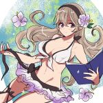 1girl 1girl alluring big_breasts bikini book breasts closed_mouth corrin_(fire_emblem) corrin_(fire_emblem)_(female) fire_emblem fire_emblem_fates fire_emblem_heroes flower hair_flower hair_ornament hairband high_res holding holding_book long_hair nintendo open_book pointy_ears red_eyes smile sou_mei swimsuit thigh_strap voluptuous white_hair