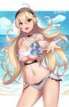 1girl 1girl alluring beach big_breasts bikini black_hairband blonde_hair blue_sky breasts cleavage cloud corrin_(fire_emblem) corrin_(fire_emblem)_(female) day fire_emblem fire_emblem_cipher fire_emblem_fates hairband high_res long_hair looking_at_viewer navel nintendo outside red_eyes sky spiffydc standing swimsuit twitter_username under_boob voluptuous water