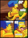 1boy 1girl bart_simpson breasts comic fellatio handjob incest marge_simpson milf mother_and_son nipples penis text the_simpsons