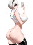 1girl big_breasts blindfold bubble_butt cleavage horny igiroitsu inviting_to_sex naked naked_female nier nier:_automata nier_(series) nude nude_female pose shaved_pussy standing stockings teasing thick_thighs white_hair yorha_no._2_type_b