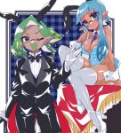 1girl big_breasts blue_hair blush breasts bunny_ears bunnysuit cane dark_skin embarrassed fangs green_eyes green_hair high_heels inkling_boy inkling_girl miiinatochanowo sage_(splashv) skylar_(splashv) splatoon stockings tie tie_between_breasts tuxedo white_thighhighs