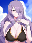1girl 1girl alluring alternate_costume bare_shoulders big_breasts bikini black_bikini blue_sky bracelet camilla_(fire_emblem) cleavage cleavage_cutout clothing_cutout cloud fire_emblem fire_emblem_fates hair_over_one_eye high_res intelligent_systems jewelry long_hair looking_at_viewer nintendo ondur open_mouth outside parted_lips purple_eyes purple_hair sky smile swimsuit very_long_hair wavy_hair