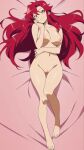 1girl alluring big_breasts dakimakura hair hand_on_head long_hair looking_at_viewer nightcore_(artist) pink_background pussy red_hair smile smile_at_viewer smug smug_face smug_smile tengen_toppa_gurren-lagann yellow_eyes yoko_littner