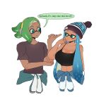 1boy 1girl 1girls artist_name beanie big_breasts blue_hair breasts cleavage english_text green_eyes green_hair inkling inkling_girl long_hair male navel nintendo r10bon sage_(splashv) shirt short_hair simple_background skylar_(splashv) splatoon splatoon_3 sweater_around_waist tank_top tentacle_hair white_background