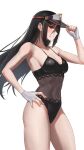 1girl 2d 2d_(artwork) alluring bare_thighs bikini black_hair cleavage female_only hakusai_(hksicabb) hat hksicabb long_hair looking_at_viewer medium_breasts monolith_soft morag_ladair_(xenoblade) nintendo one-piece_bikini swimsuit thighs white_background xenoblade_(series) xenoblade_chronicles_2