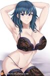 1girl alluring arms_behind_head arms_up aslind_samure aslindsamure bangs bare_shoulders big_breasts blue_eyes blush bra breasts brown_bra brown_legwear brown_panties byleth_(fire_emblem) byleth_(fire_emblem)_(female) cleavage closed_mouth collarbone fire_emblem fire_emblem:_three_houses hair_between_eyes high_res kneel looking_at_viewer nintendo panties short_hair smile stockings teal_hair thighs underwear voluptuous white_background