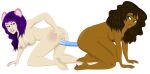 1girl 2_girls ass black_hair cherry_(fake_lay) curly_hair dark_skin dildo disembodied_penis fake_lay legs_apart lola_(fake_lay) long_hair male mouse_ears nutaku penetration png purple_hair pussy sex sitting transparent_background vaginal_penetration white_skin yuri
