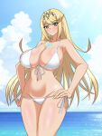 1girl 1girl alluring beach big_breasts bikini blonde_hair blue_sky circlet cleavage closed_mouth cloud cloudy_sky core_crystal_(xenoblade) earrings hands_on_own_hips hata_(pixiv10403940) high_res jewelry long_hair looking_at_viewer mythra_(xenoblade) outside sky smile string_bikini summer swimsuit very_long_hair water white_bikini xenoblade_(series) xenoblade_chronicles_2 yellow_eyes