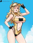 1girl 1girl ;3 absurd_res ahoge alluring alternate_costume big_breasts blonde_hair blue_sky cleavage fingerless_gloves fire_emblem fire_emblem_fates gloves gluteal_fold grey_eyes hand_on_own_hip hayato_stuff high_res intelligent_systems long_hair looking_at_viewer navel nintendo one-piece_bikini one_eye_closed open_mouth ophelia_(fire_emblem) sky stomach swimsuit thighs visor_cap yellow_one-piece_bikini