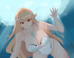 1girl absurd_res alluring bare_shoulders big_breasts blonde_hair bubble cleavage cleavage_cutout clothing_cutout daymandraws elbow_gloves female from_below gem gloves hair_ornament headpiece high_res jewelry long_hair looking_at_viewer mythra_(xenoblade) nintendo one-piece_bikini solo swimming swimsuit tiara underwater upper_body very_long_hair water xenoblade_(series) xenoblade_chronicles_2 yellow_eyes