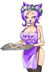 1girl aloha_(alohayeah) apron apron_only big_breasts black_thighhighs breasts cleavage closed_eyes nintendo norishiitsu purple_hair short_hair splatoon stockings tentacle_hair
