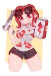 1girl big_breasts black_shorts breasts can dolphin_shorts energy_drink eyewear eyewear_on_head hawaiian_shirt holding_can holding_weapon infamousavage limon_(limon_limes) looking_at_viewer nintendo red_eyes red_hair shiny_skin shorts soda splatoon sunglasses sunglasses_on_head tentacle_hair thick_thighs thighs weapon