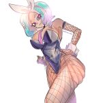 1girl 1girls big_breasts breasts bunny_ears bunny_girl bunny_tail bunnysuit cleavage covered_navel curly_hair fishnets neck_tie necktie_between_breasts nintendo norishiitsu octoling octoling_girl para_(voidedparadigm) playboy_bunny splatoon splatoon_3 tentacle_hair two_tone_hair