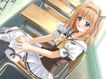  00s 1girl black_legwear blush bow classroom desk dutch_angle frills fuyou_kaede game_cg hair_bow hair_ribbon hairband miniskirt orange_hair ribbon school school_uniform serafuku short_hair shuffle! sitting skirt thighhighs 