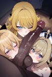 1boy 3_girls ai_assisted ai_generated barbara_(genshin_impact) blonde_hair blue_eyes blush cooperative_fellatio dark-skinned_male dark_penis dark_skin fellatio genshin_impact group_sex interracial jean_gunnhildr light-skinned_female light_skin looking_at_viewer male navia_(genshin_impact) penis sex truck-kun_art