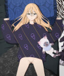 blonde_hair bottomless brown_eyes edit kitagawa_marin long_hair lying_on_bed nekom14 no_panties pussy screencap sono_bisque_doll_wa_koi_wo_suru stuffed_animal stuffed_cat sweater