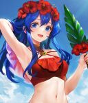 1girl 1girl alluring arm_behind_head bikini blue_eyes blue_hair cloud fire_emblem fire_emblem:_the_binding_blade fire_emblem_heroes flower_wreath high_res intelligent_systems jurge lilina_(fire_emblem) lilina_(summer)_(fire_emblem) long_hair looking_at_viewer medium_breasts nintendo open_mouth outside palm_leaf red_bikini smile swimsuit
