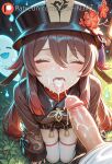 1boy 1girl ai_generated bangs black_headwear blush breasts closed_eyes cum cum_in_mouth cum_on_body cum_on_breasts cum_on_hair cum_on_tongue cum_on_upper_body cybern3ko erection facial flower genshin_impact hat hetero hu_tao_(genshin_impact) long_hair oda_uri open_mouth penis solo_focus stockings uncensored