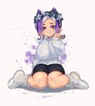 1girl aloha_(alohayeah) big_breasts bra breasts cat_ears jinkoika legs_apart looking_at_viewer nintendo octoling octoling_girl purple_eyes purple_hair see-through_clothing shiny_clothes sitting splatoon wreath