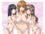 3girls :d big_breasts bikini black_hair blue_eyes blush breasts brown_eyes brown_hair cleavage cross erect_nipples flower hand_holding hentai holding_hands jewelry large_breasts leaning_forward long_hair maria-sama_ga_miteru multiple_girls navel necklace nijou_noriko open_mouth same satou_sei short_hair side-tie_bikini signature smile swimsuit toudou_shimako v_arms