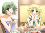  2girls bare_shoulders blonde_hair blue_eyes blue_hair blush breasts cleavage food game_cg green_eyes green_hair hentai kareha long_hair multiple_girls official_art open_mouth pointy_ears purple_eyes rice school_uniform serafuku shigure_asa short_hair shuffle shuffle! strapless suzuhira_hiro table violet_eyes 