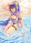 1girl alear_(female)_(fire_emblem) alear_(female)_(seaside_dragon)_(fire_emblem) alear_(fire_emblem) alluring armlet beach big_breasts bikini blue_and_red_hair blue_bikini blue_eyes blue_hair cleavage commentary crossed_bangs fire_emblem fire_emblem_engage fire_emblem_heroes flower hair_between_eyes hair_flower hair_ornament heterochromia high_res intelligent_systems jewelry long_hair looking_at_viewer multicolored_hair nekoyashiki_08 nintendo ocean official_alternate_costume official_alternate_hairstyle ponytail red_bikini red_eyes red_hair soaking_feet split-color_hair swimsuit symbol-only_commentary thighlet twitter_username two-tone_hair very_long_hair wet white_bikini