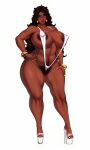 1girl big_ass big_breasts bikini bleach brown_hair curly_hair gold_jewelry long_hair m_jr_art mila_rose milf platform_shoes posing pubic_hair seductive seductive_look sexy sling_bikini thick