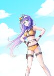 1girl 1girl belt bikini cloud cloudy_sky fire_emblem fire_emblem:_path_of_radiance fire_emblem:_radiant_dawn fire_emblem_heroes flower hair_flower hair_ornament hairband hands_on_own_hips headband intelligent_systems medium_breasts mia_(fire_emblem) mia_(summer)_(fire_emblem) nintendo o-ring o-ring_belt official_alternate_costume orange_bikini orange_flower outside sky swimsuit t_misaomaru white_hairband white_headband