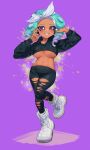 1girl 1girl 1girl big_breasts black_pants breasts curly_hair jinkoika nintendo octoling octoling_girl pants para_(voidedparadigm) ripped_clothing ripped_pants splatoon splatoon_3 tentacle_hair under_boob