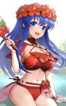 1girl 1girl :d arm_support big_breasts bikini blue_eyes blue_hair blush cleavage commentary fire_emblem fire_emblem:_the_binding_blade fire_emblem_heroes flower gloves gonzarez hair_flower hair_ornament hand_up hat head_wreath headband high_res holding intelligent_systems lilina_(fire_emblem) lilina_(summer)_(fire_emblem) looking_at_viewer navel nintendo official_alternate_costume open_mouth red_bikini red_flower revision smile stomach swimsuit thighs water