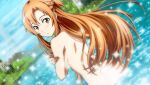 10s 1girl alluring asuna_(sao) blush brown_eyes brown_hair completely_nude_female game_cg lake long_hair looking_at_viewer looking_back nude sparkle sword_art_online sword_art_online:_hollow_fragment water