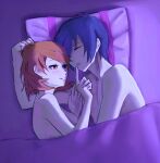 1boy 1girl blue_eyes blue_hair brown_eyes couple in_bed light_brown_hair minato_arisato nude persona persona_3 yukari_takeba yuuki_makoto