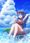 1girl absurd_res alluring bikini bird blue_eyes blue_hair cleavage cloud cloudy_sky cup fire_emblem fire_emblem:_the_binding_blade fire_emblem_heroes flower full_body hair_between_eyes hair_flower hair_ornament heppokop_61 high_res holding holding_cup innertube intelligent_systems lilina_(fire_emblem) lilina_(summer)_(fire_emblem) long_hair looking_at_viewer nintendo ocean official_alternate_costume on_innertube open_mouth partially_submerged red_bikini sky swim_ring swimsuit teeth transparent_innertube upper_teeth_only