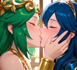 2_girls ai_generated blue_hair closed_eyes crossover fire_emblem fire_emblem_awakening green_hair kid_icarus kissing lucina lucina_(fire_emblem) nintendo palutena super_smash_bros. yuri